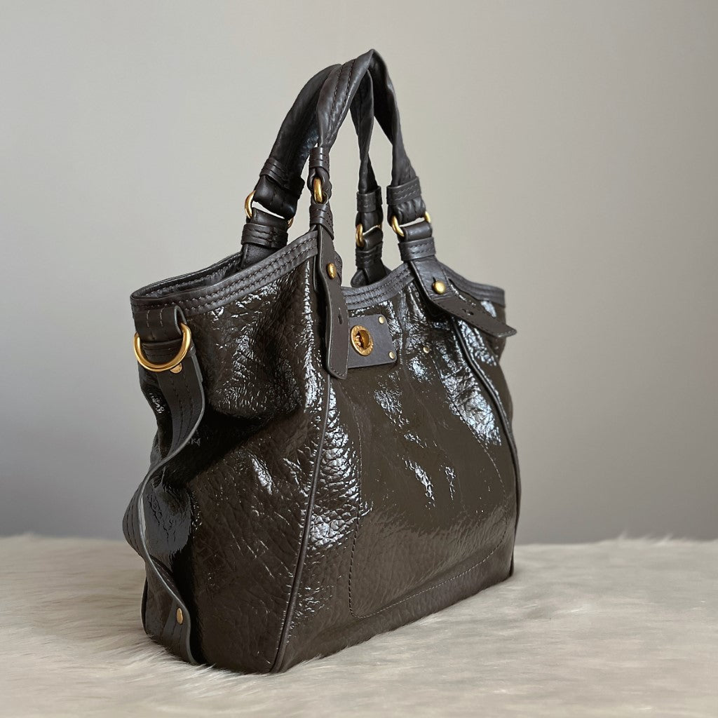 Marc Jacobs Patent Olive Leather Turn Lock Detail Shoulder Bag