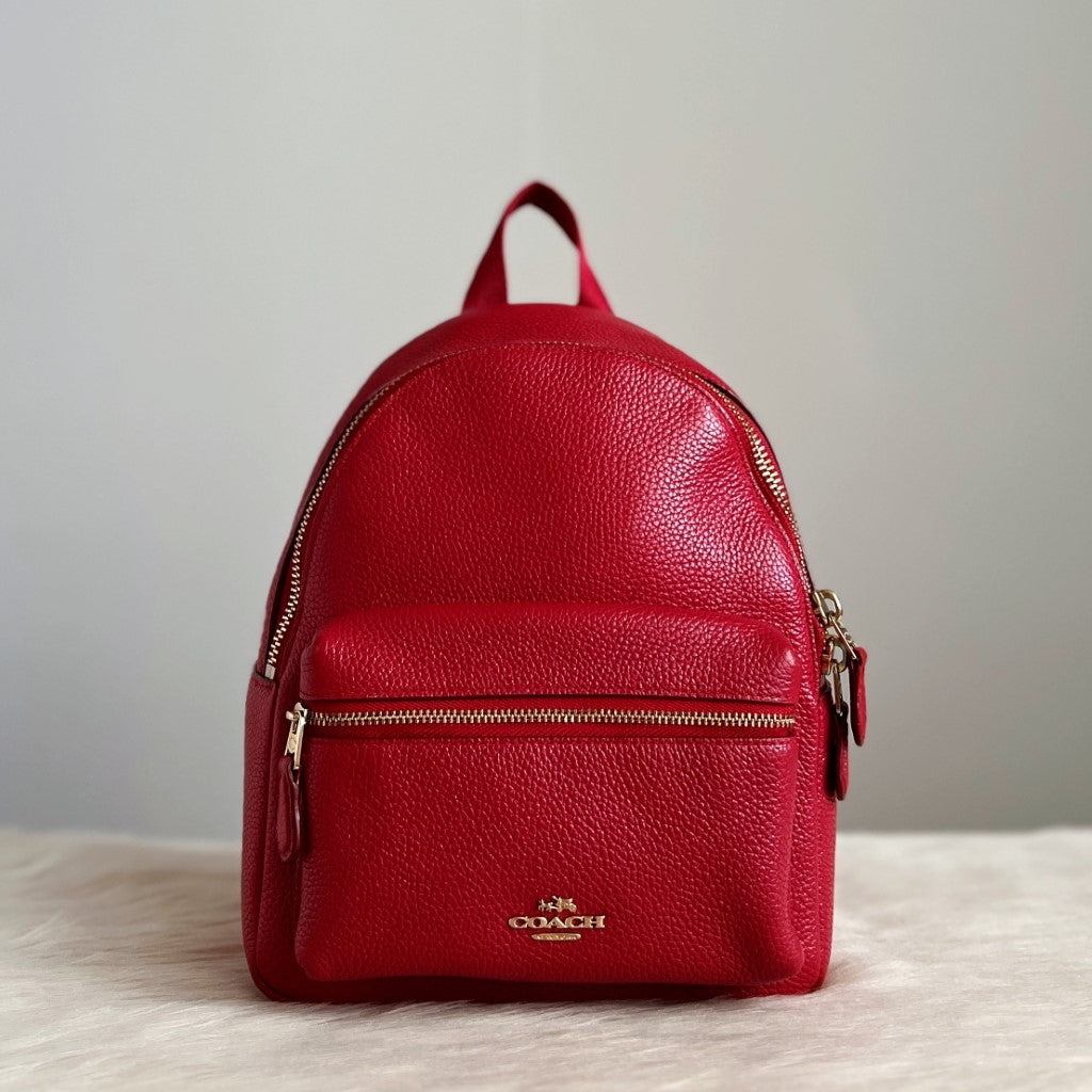 Coach Red Leather Front Zip Compartment Pocket Small Backpack Excellen