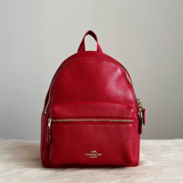 Coach Red Leather Front Zip Compartment Pocket Small Backpack Excellent