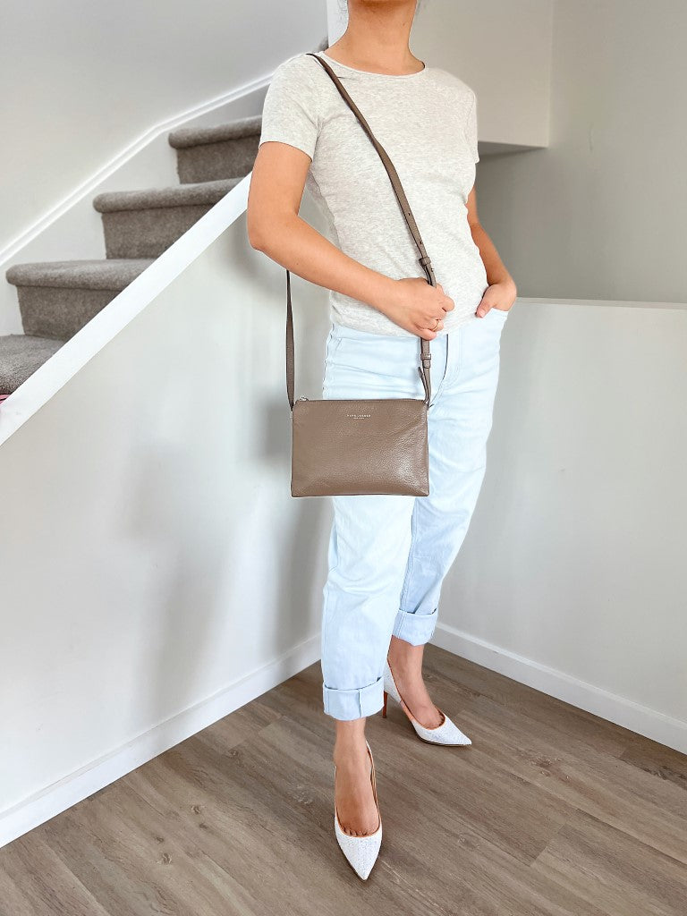 Marc Jacobs Taupe Leather Double Compartment Crossbody Shoulder Bag