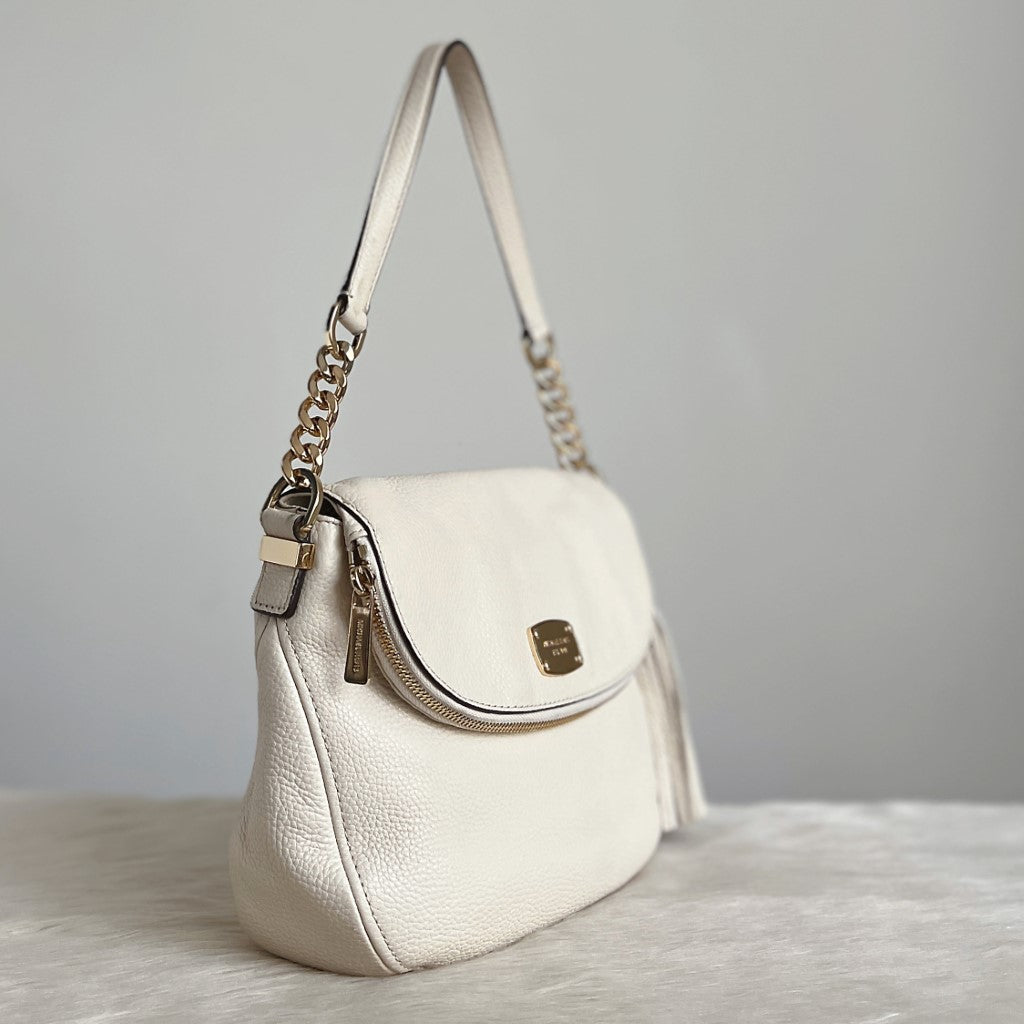 Michael Kors White Leather Tassel Charm Detail Crossbody Shoulder Bag