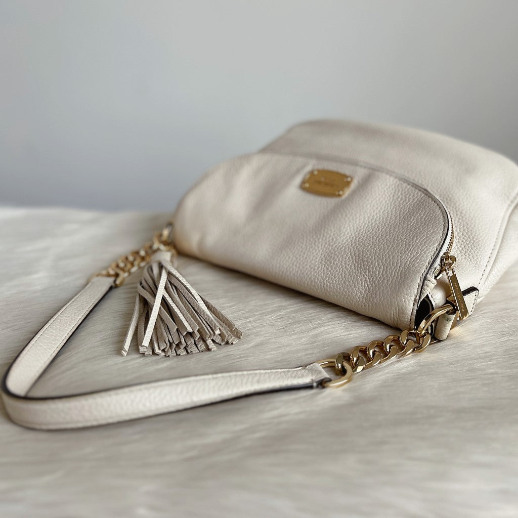 Michael Kors White Leather Tassel Charm Detail Crossbody Shoulder Bag
