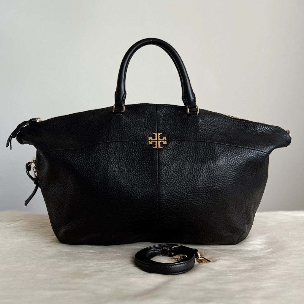 Tory Burch Black Leather Front Logo Large 2 Way Shoulder Bag Excellent