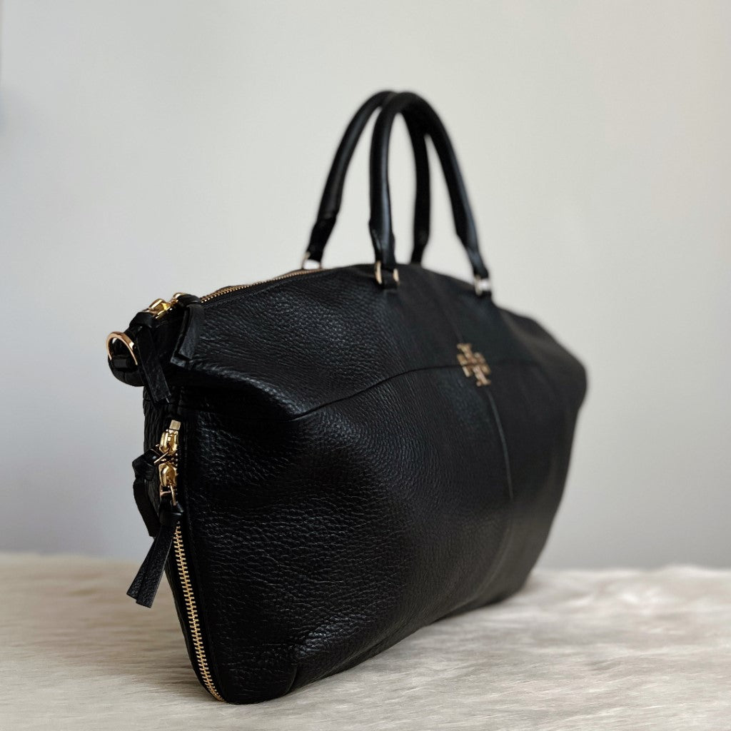 Tory Burch Black Leather Front Logo Large 2 Way Shoulder Bag Excellent