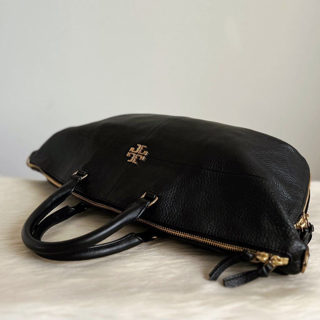 Tory Burch Black Leather Front Logo Large 2 Way Shoulder Bag Excellent