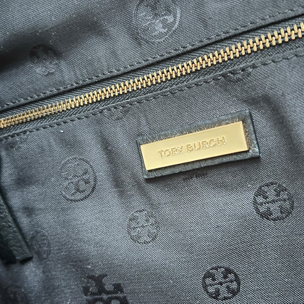 Tory Burch Black Leather Front Logo Large 2 Way Shoulder Bag Excellent