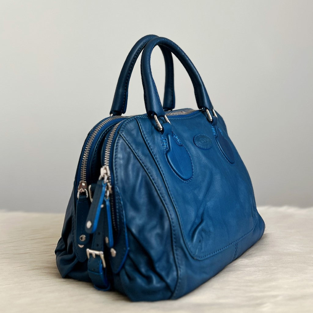 Tod's Blue Leather Double Compartment 2 Way Bag Excellent