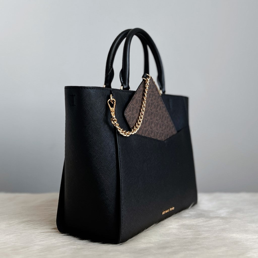 Michael Kors Black Leather 2 Way Shoulder Bag + Monogram Pouch Like New