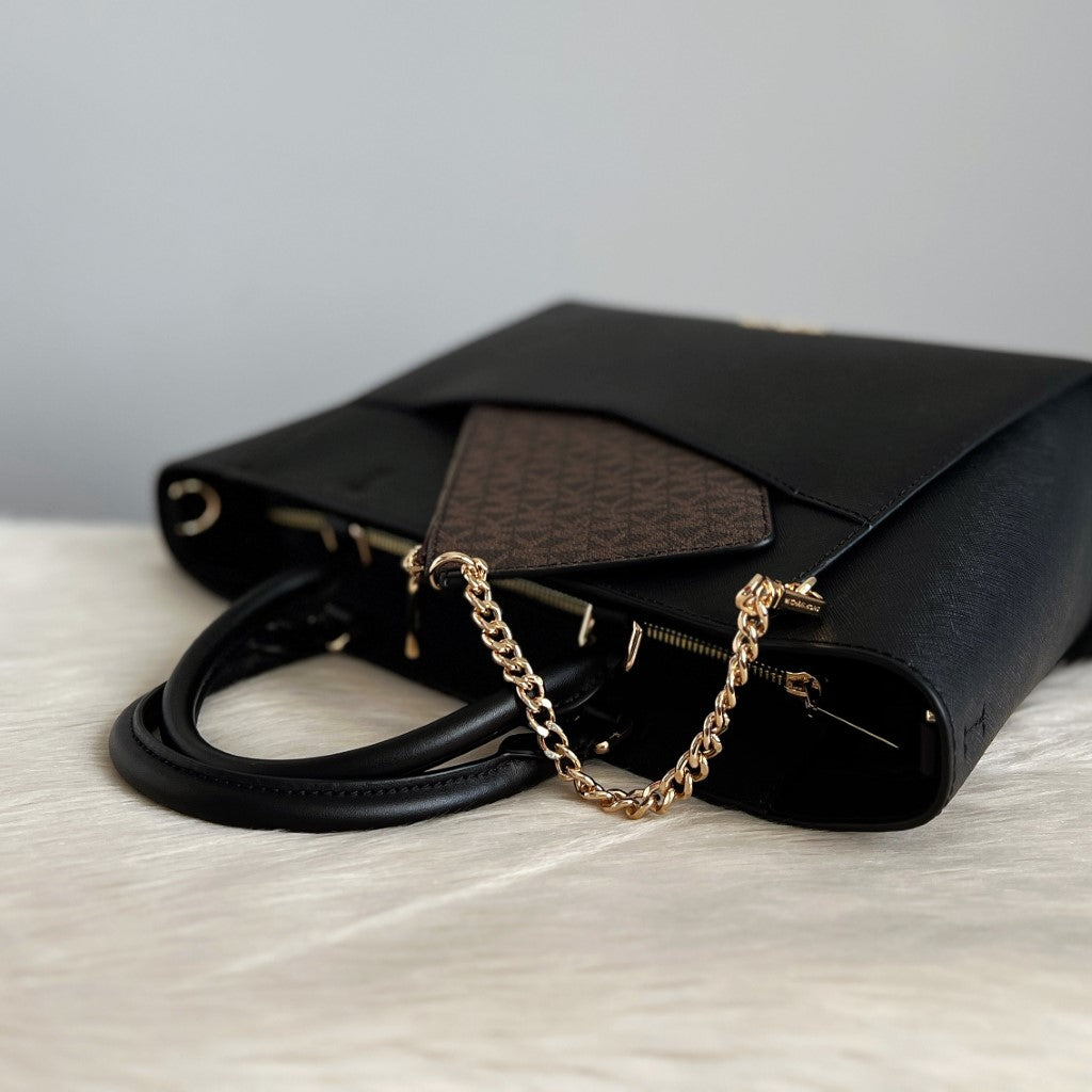 Michael Kors Black Leather 2 Way Shoulder Bag + Monogram Pouch Like New