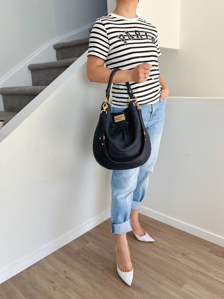 Marc Jacobs Navy Leather Front Logo Slouchy 2 Way Shoulder Bag