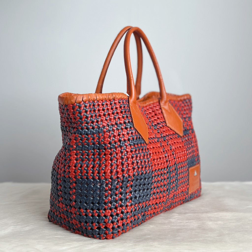 Vivienne Westwood Caramel Leather Trim Woven Shoulder Bag + Pouch Excellent