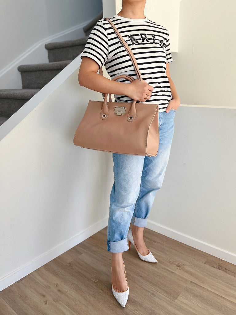 Jimmy Choo Nude Leather Front Buckle 2 Way Shoulder Bag Excellent