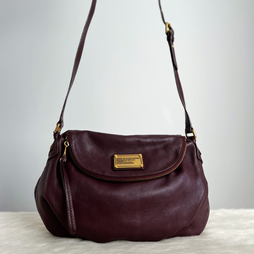 Marc Jacobs Purple Leather Front Logo Zip Flap Crossbody Shoulder Bag Excellent