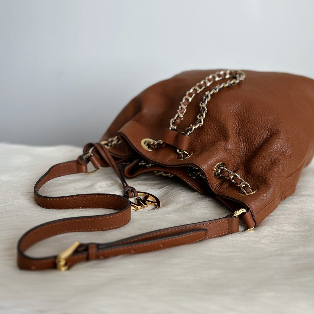 Michael Kors Caramel Leather Gold Chain Drawstring 2 Way Shoulder Bag Excellent