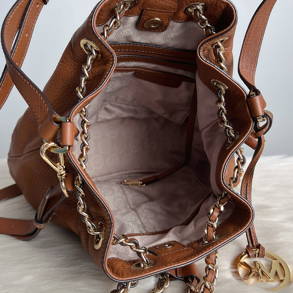 Michael Kors Caramel Leather Gold Chain Drawstring 2 Way Shoulder Bag Excellent