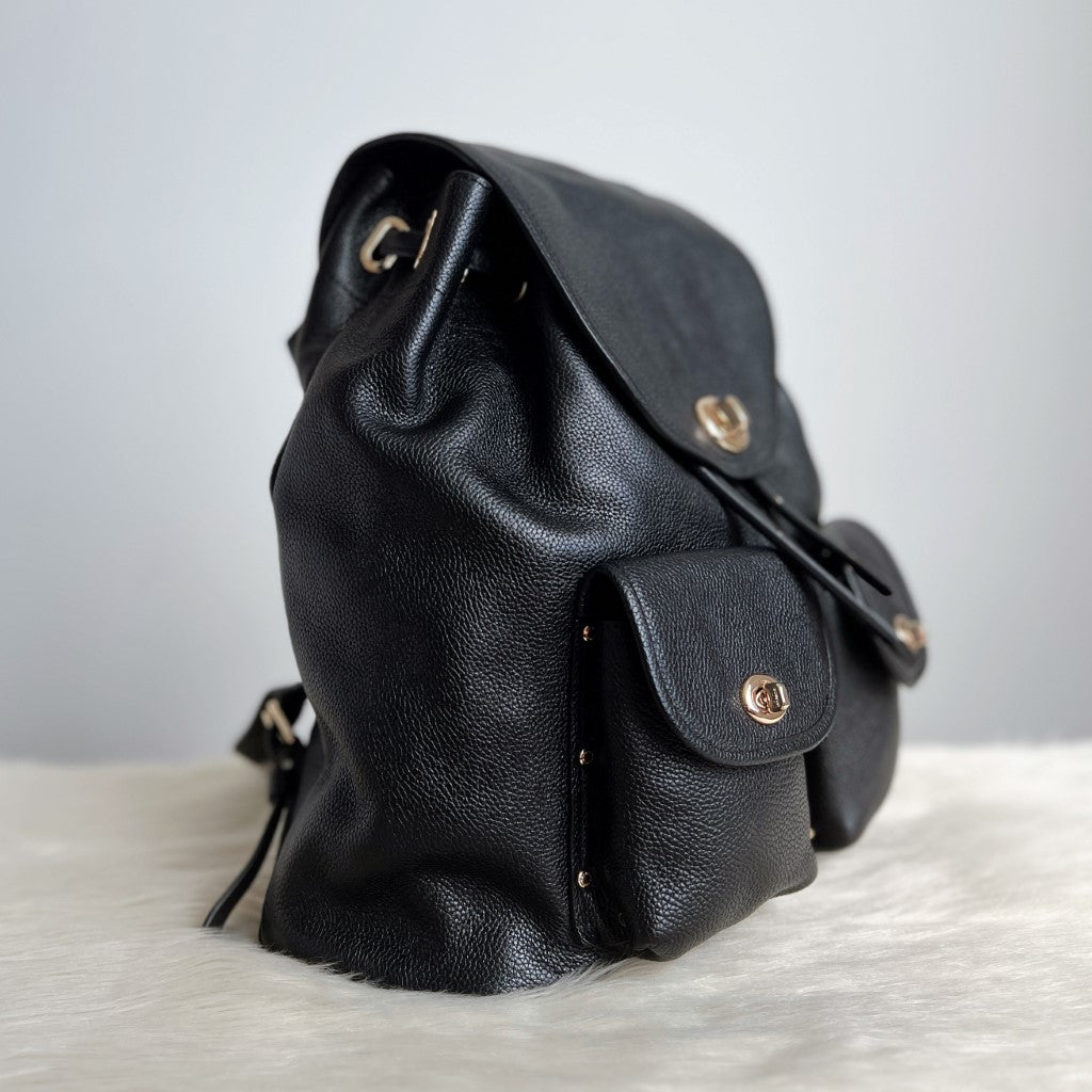 Coach Black Leather Turn Lock Pocket Drawstring Backpack Like New