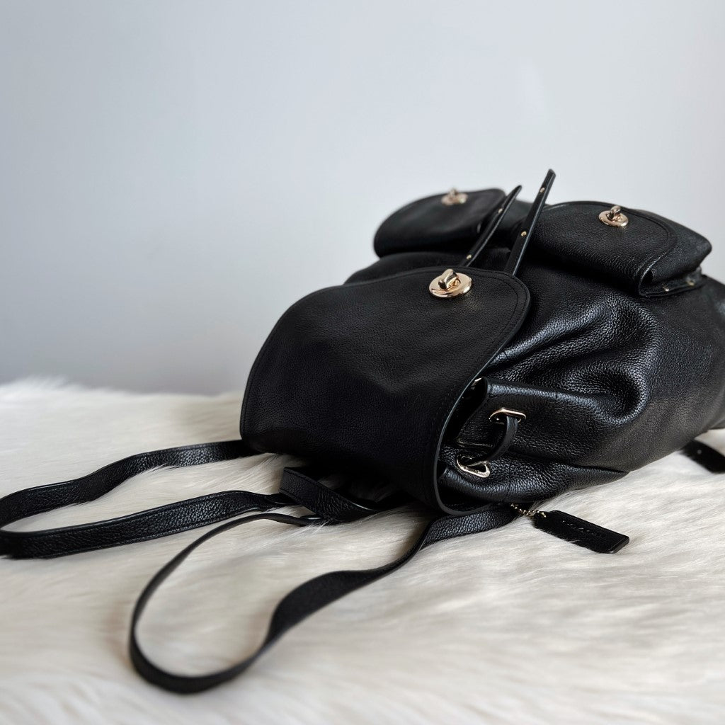 Coach Black Leather Turn Lock Pocket Drawstring Backpack Like New