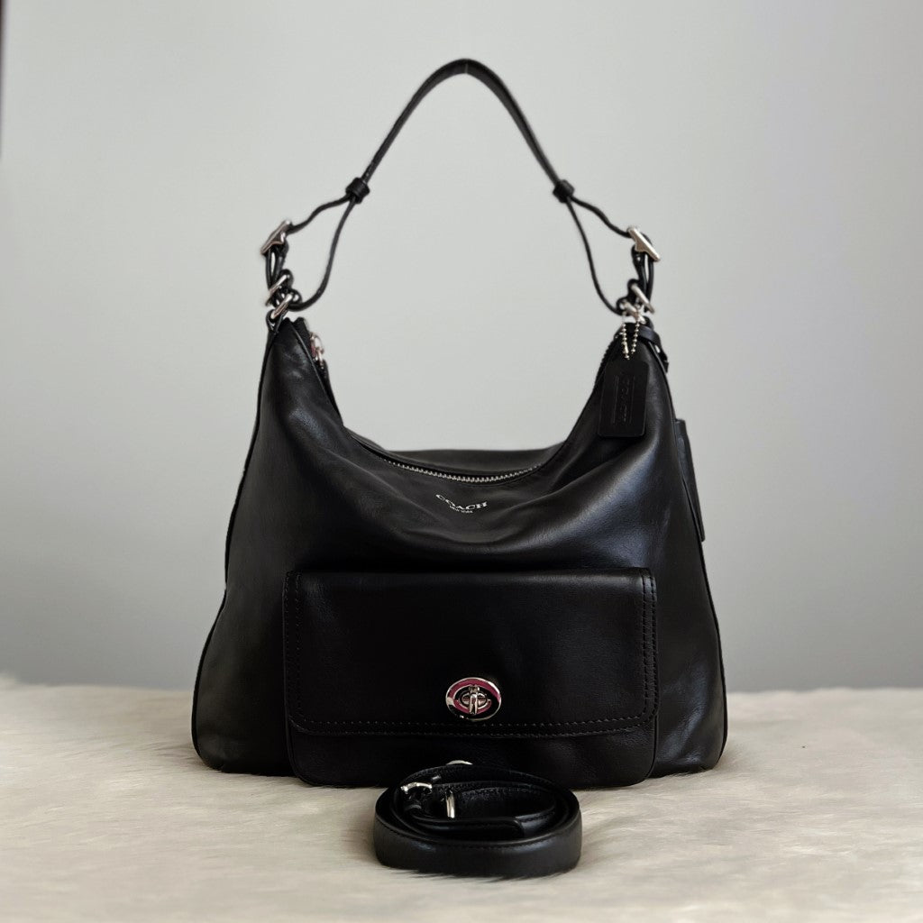 Coach Black Leather Tassel Charm Slouchy 2 Way Shoulder Bag