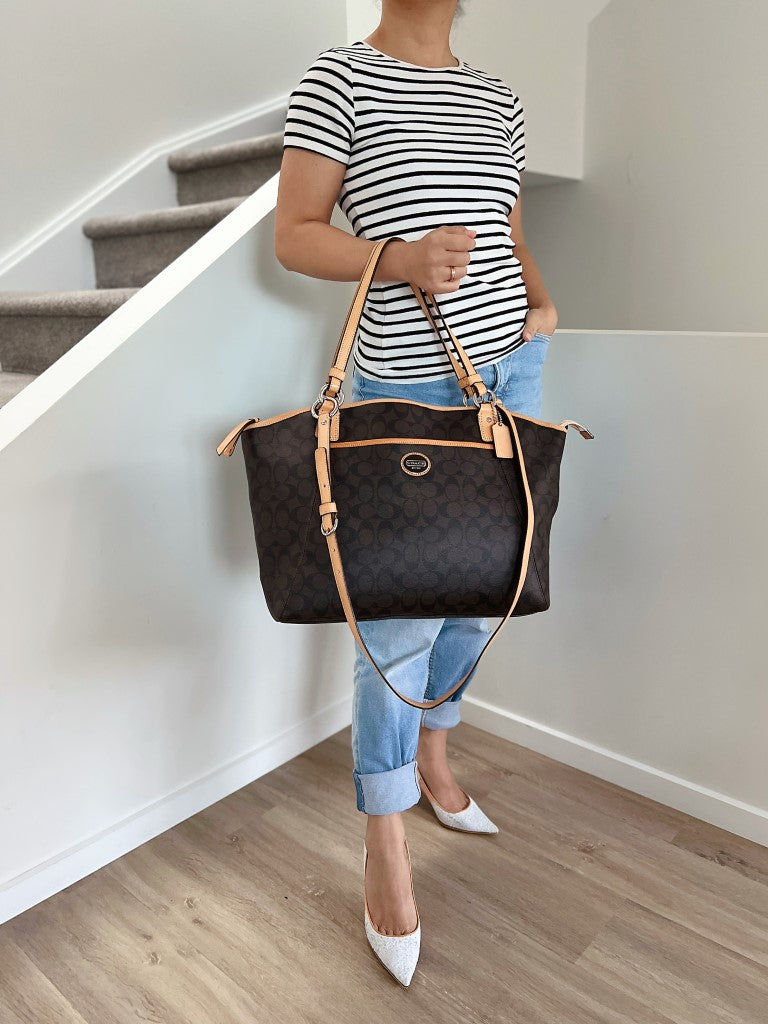 Coach Caramel Leather Trim Monogram Oversized 2 Way Shoulder Bag Excellent
