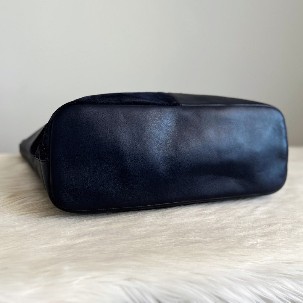Tory Burch Navy Leather Suede Patchwork Large 2 Way Shoulder Bag