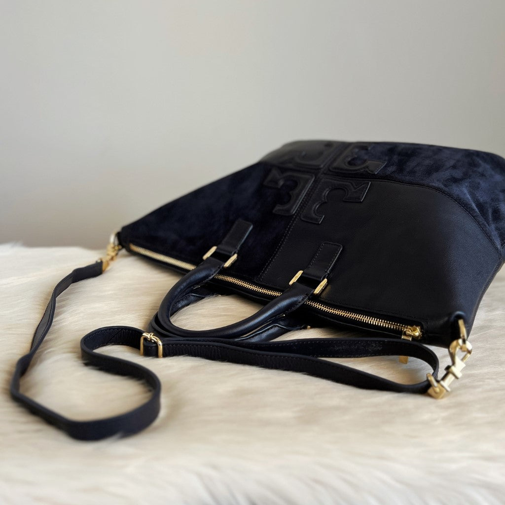 Tory Burch Navy Leather Suede Patchwork Large 2 Way Shoulder Bag