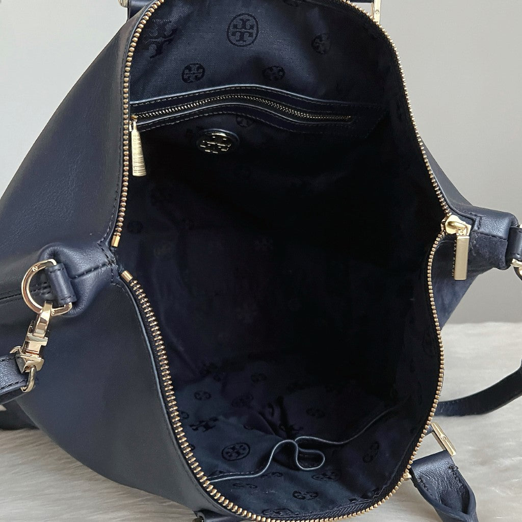 Tory Burch Navy Leather Suede Patchwork Large 2 Way Shoulder Bag