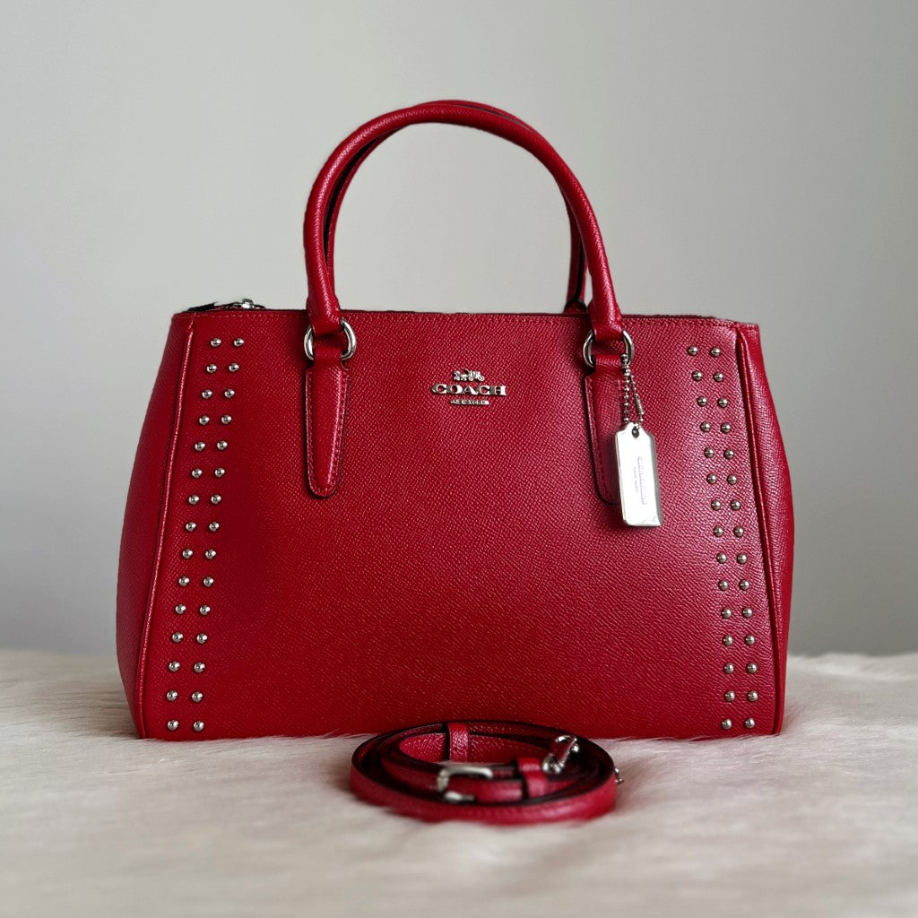 Coach Red Leather Studded Detail Triple Compartment 2 Way Shoulder Bag