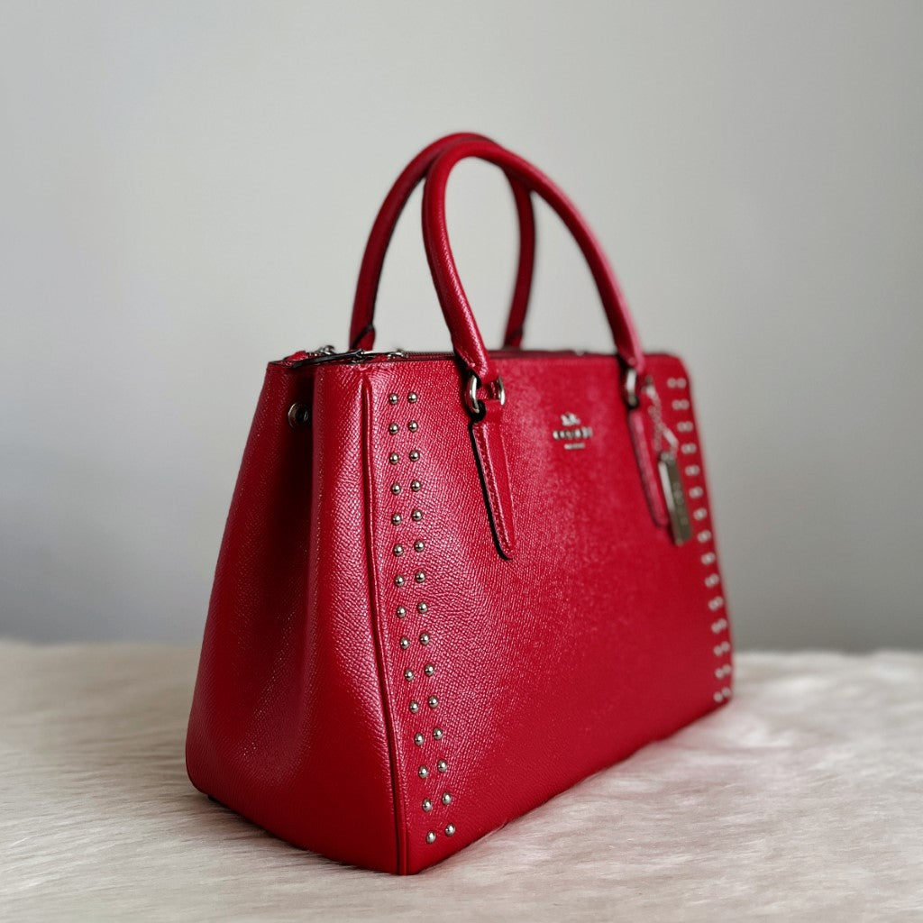 Coach Red Leather Studded Detail Triple Compartment 2 Way Shoulder Bag
