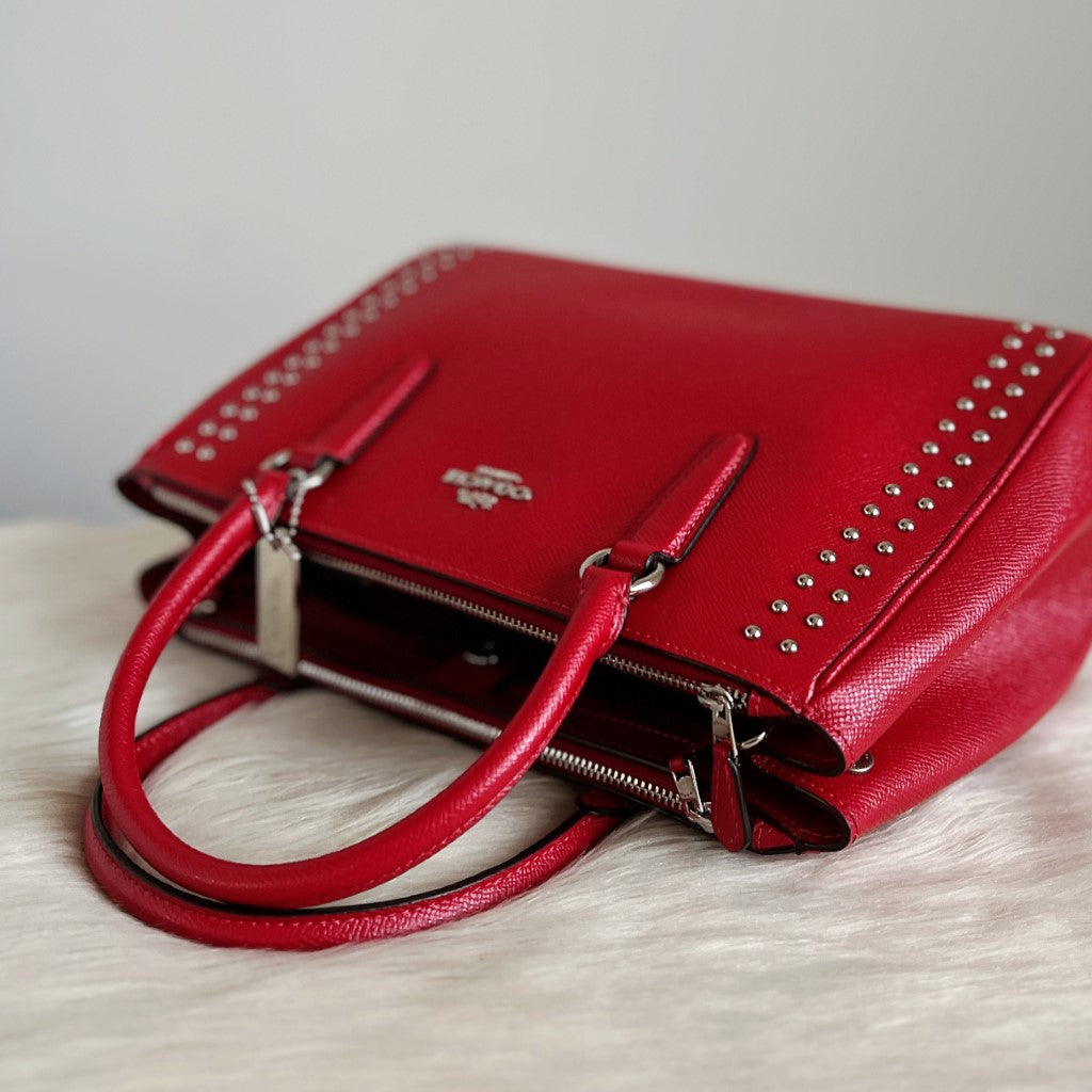 Coach Red Leather Studded Detail Triple Compartment 2 Way Shoulder Bag
