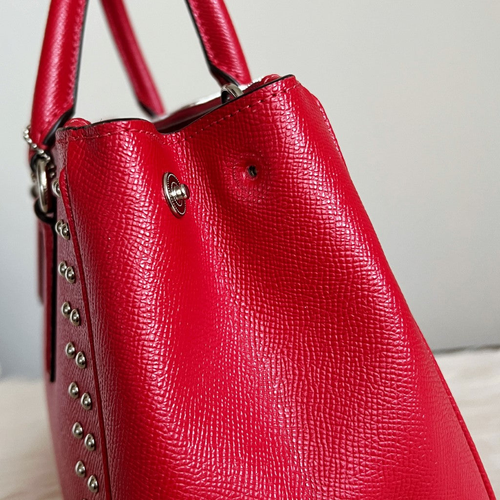 Coach Red Leather Studded Detail Triple Compartment 2 Way Shoulder Bag