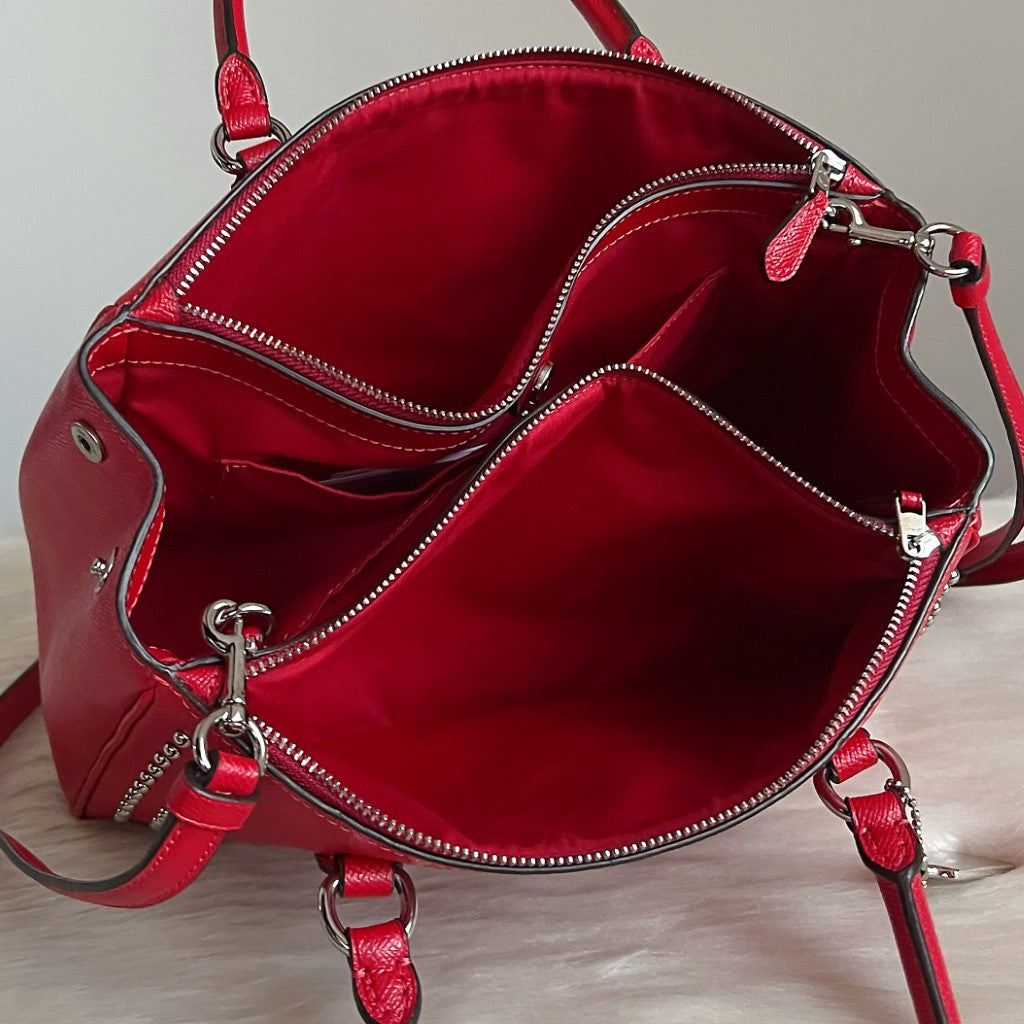 Coach Red Leather Studded Detail Triple Compartment 2 Way Shoulder Bag