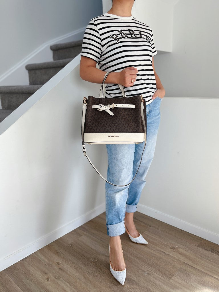 Michael Kors White Leather Buckle Monogram Detail 2 Way Shoulder Bag Excellent