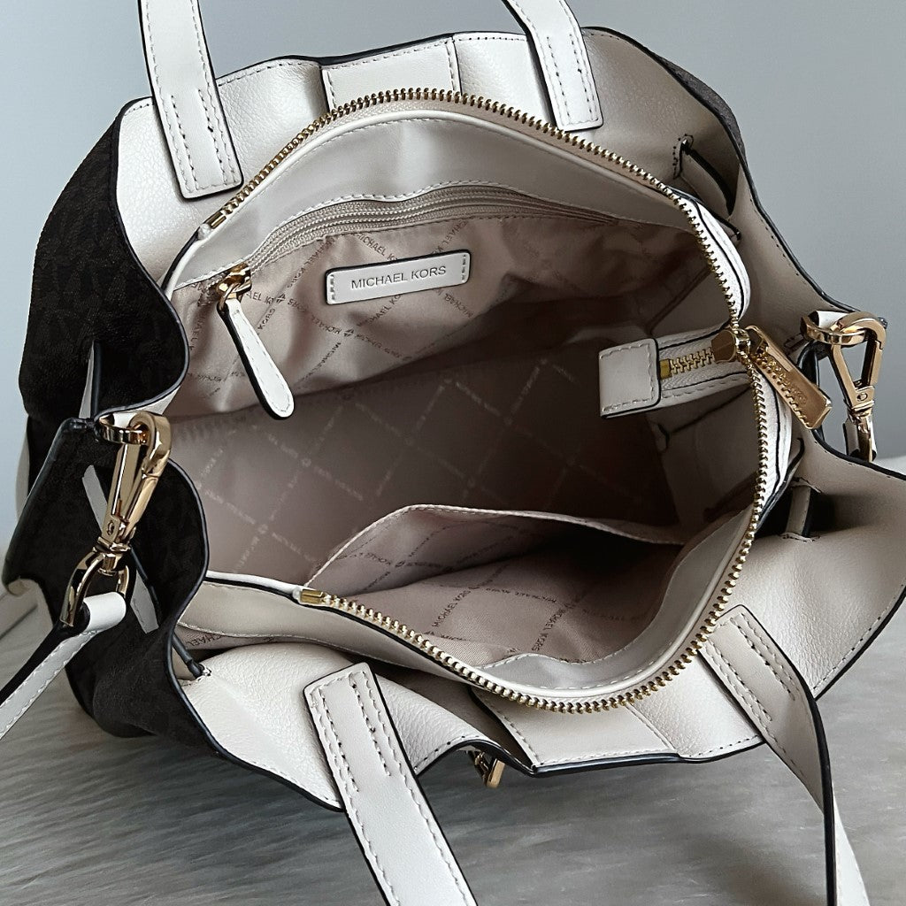 Michael Kors White Leather Buckle Monogram Detail 2 Way Shoulder Bag Excellent
