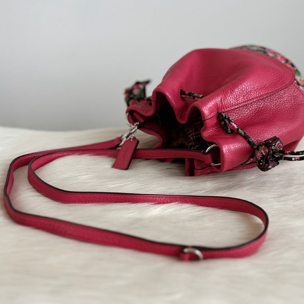 Coach Fuchsia Leather Floral Pattern Drawstring Bucket Shoulder Bag Excellent