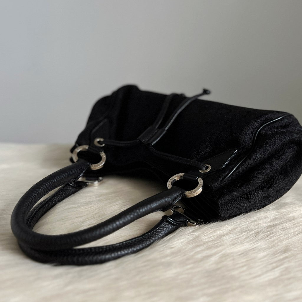Bvlgari Black Signature Logo Pattern Drawstring Tote Bag Excellent