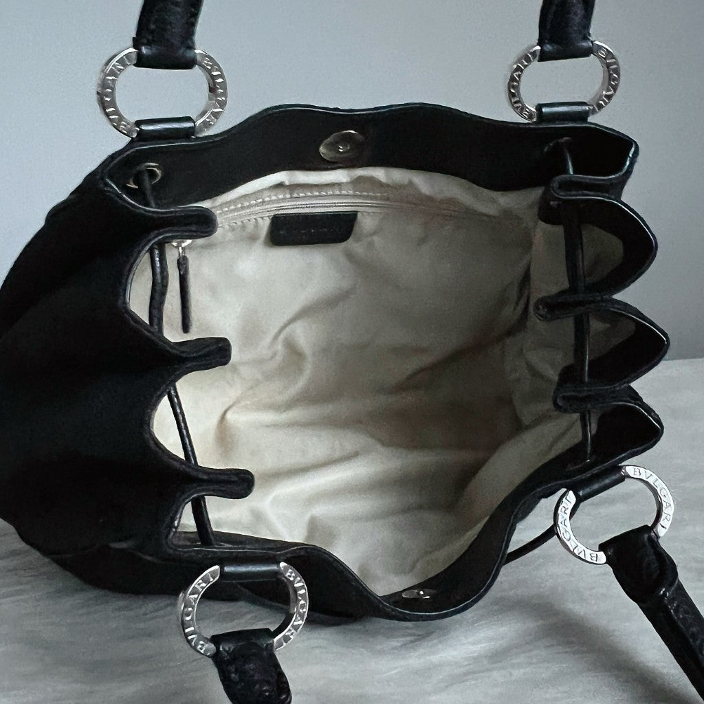 Bvlgari Black Signature Logo Pattern Drawstring Tote Bag Excellent