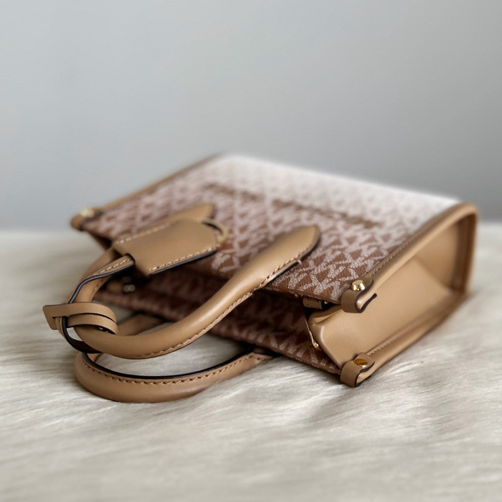 Michael Kors Mocha Leather MK Monogram Mini Book Tote 2 Way Shoulder Bag Like New