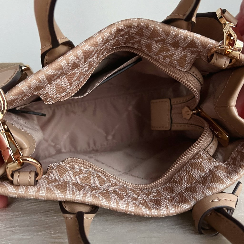 Michael Kors Mocha Leather MK Monogram Mini Book Tote 2 Way Shoulder Bag Like New