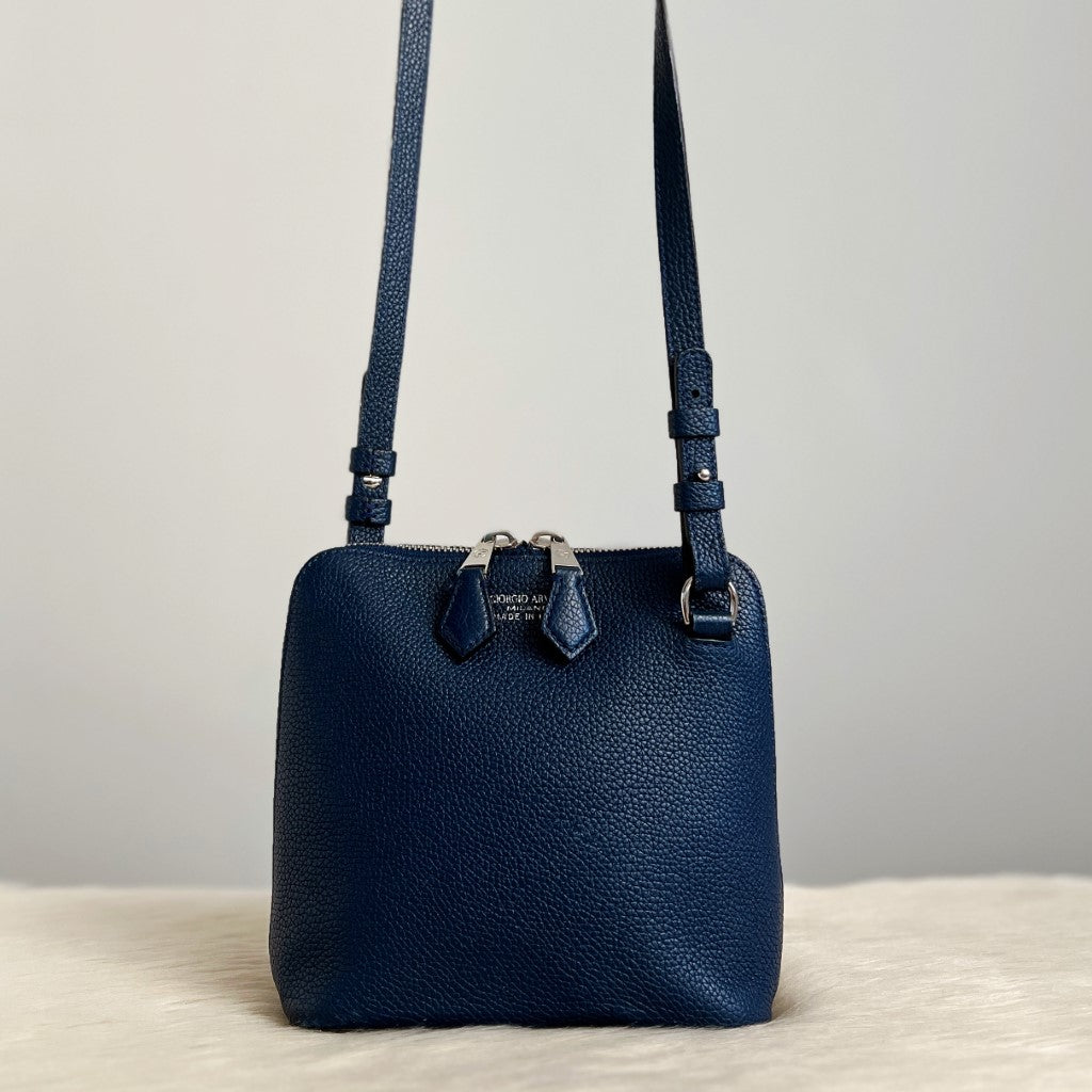 Giorgio Armani Navy Leather Double Zip Small Crossbody Shoulder Bag
