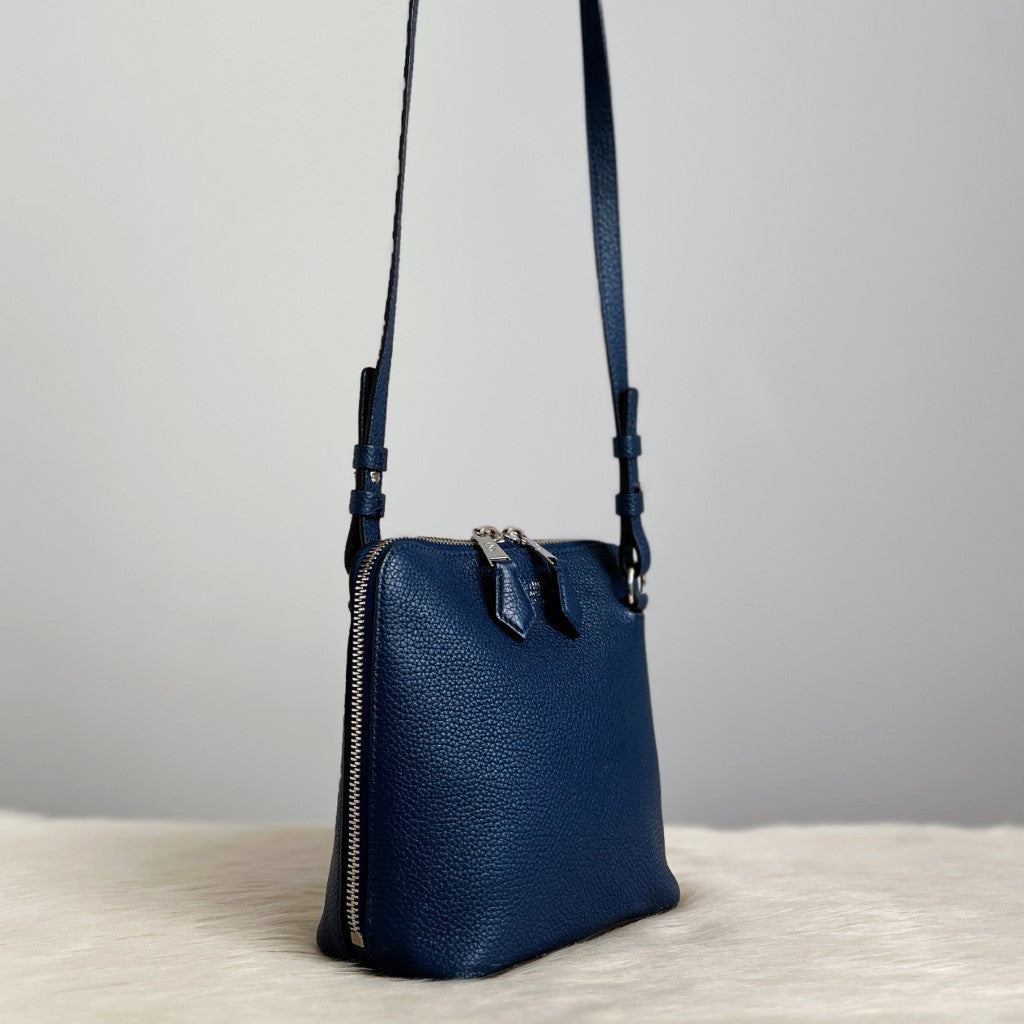 Giorgio Armani Navy Leather Double Zip Small Crossbody Shoulder Bag