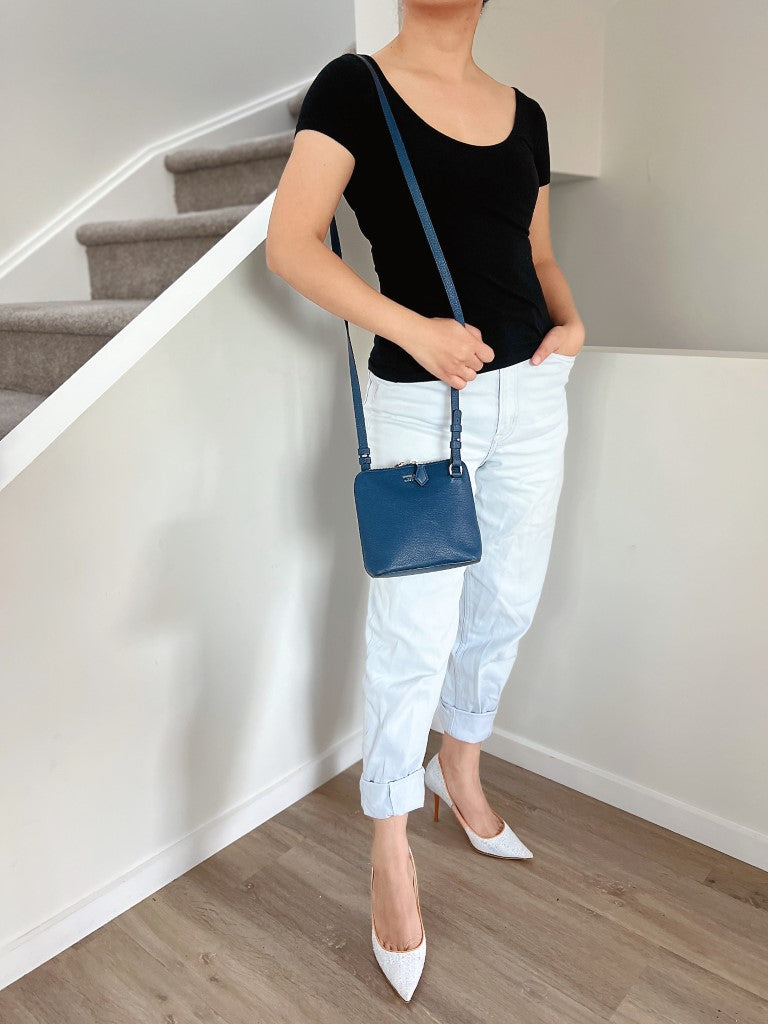Giorgio Armani Navy Leather Double Zip Small Crossbody Shoulder Bag