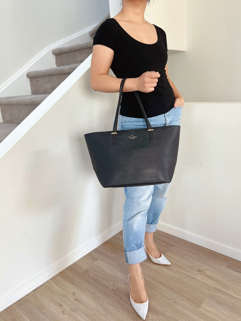 Kate Spade Black Leather Front Logo Shopper Shoulder Bag Excellent