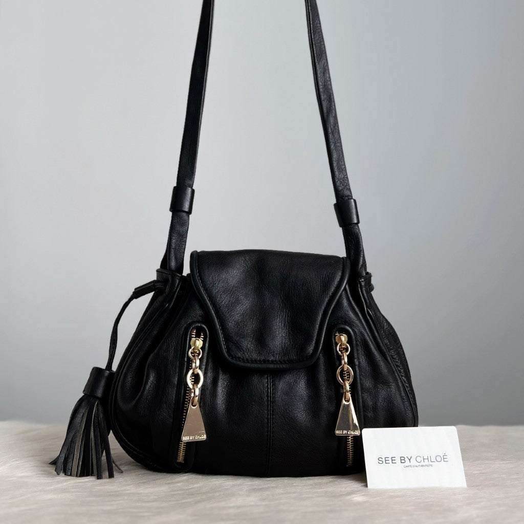 See by Chloe Black Leather Tassel Drawstring Crossbody Shoulder Bag Excellent