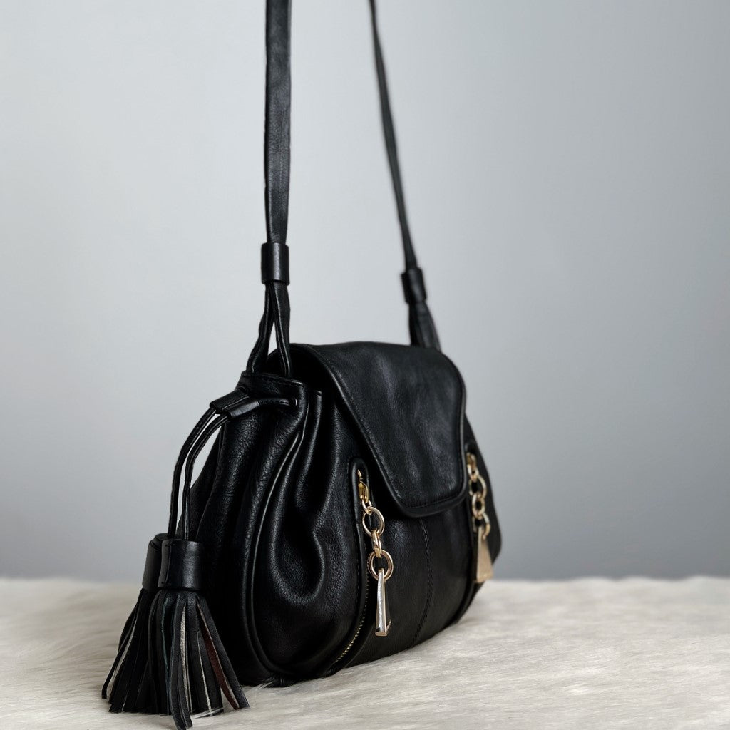 See by Chloe Black Leather Tassel Drawstring Crossbody Shoulder Bag Excellent
