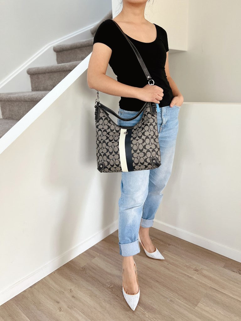 Coach Monogram Front Stripe Slouchy 2 Way Shoulder Bag