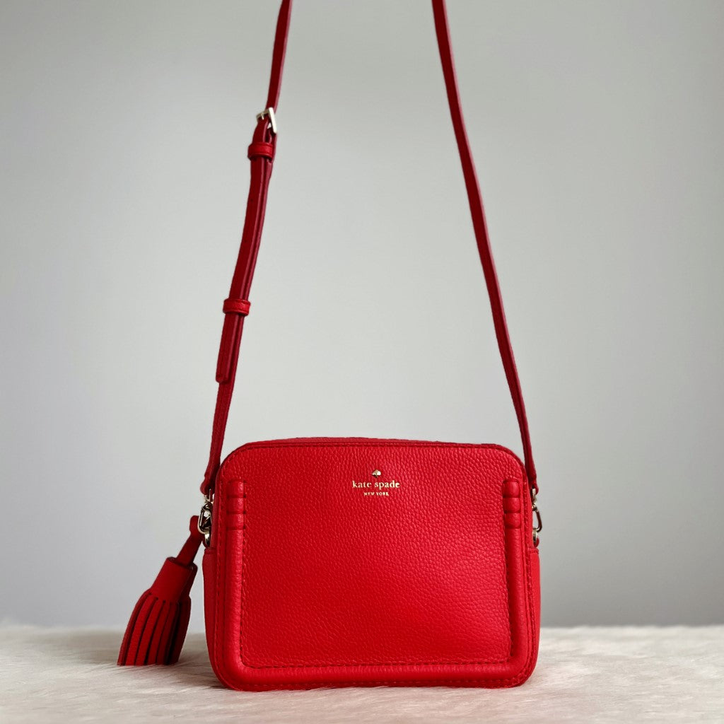 Kate Spade Red Leather Tassel Charm Crossbody Shoulder Bag