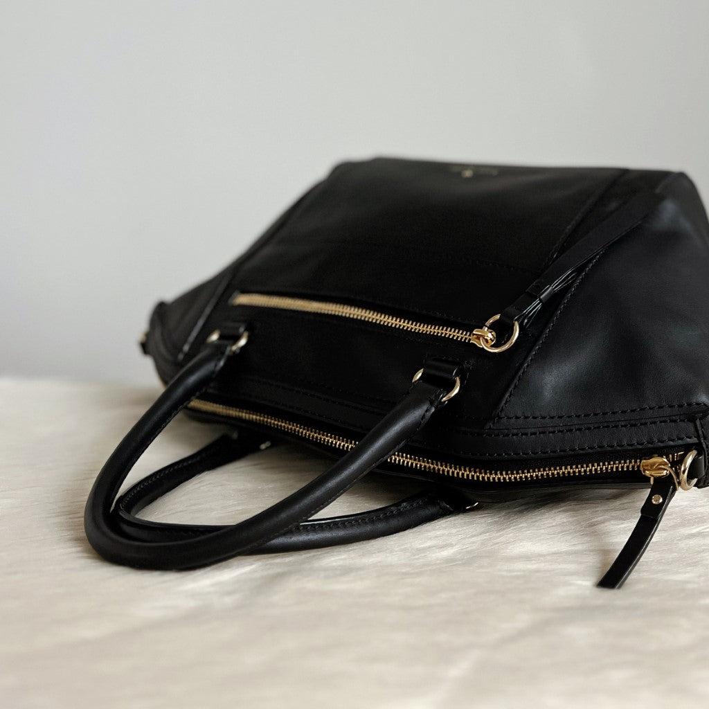 Kate Spade Black Leather Front Logo Zip Pocket 2 Way Shoulder Bag