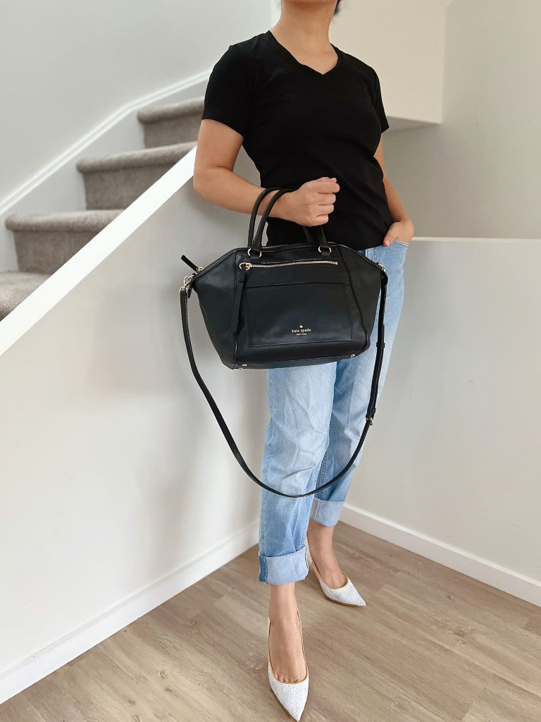 Kate Spade Black Leather Front Logo Zip Pocket 2 Way Shoulder Bag