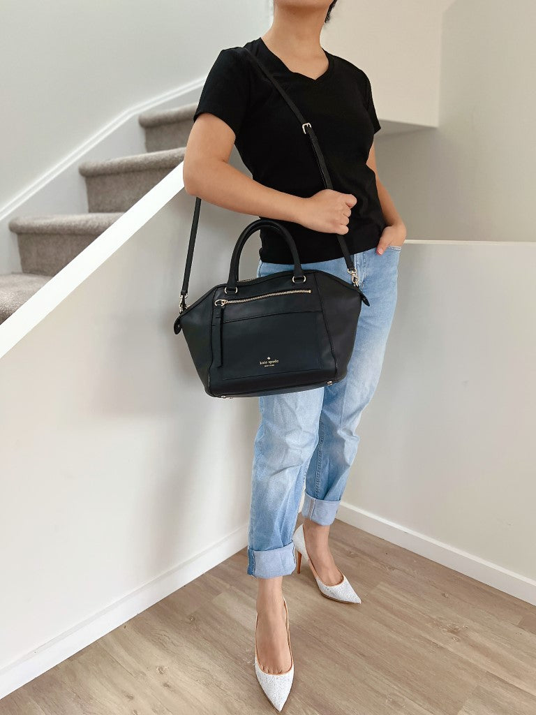 Kate Spade Black Leather Front Logo Zip Pocket 2 Way Shoulder Bag