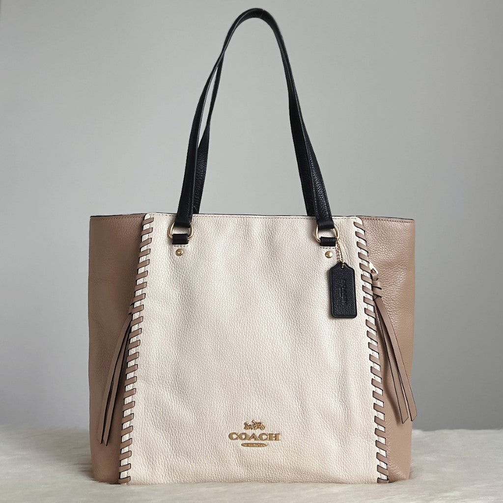 Coach Tri-Tone Leather Pleated Detail Career Shoulder Bag
